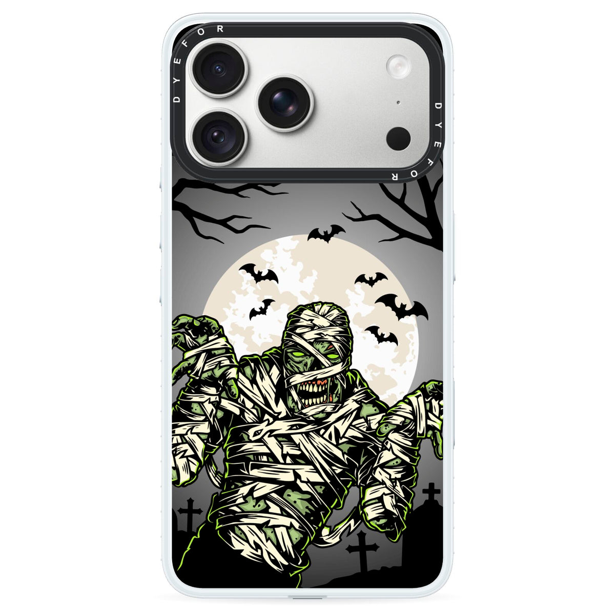 Halloween Mummy iPhone 18 Pro Black Impact Pre order Case on Silver phone