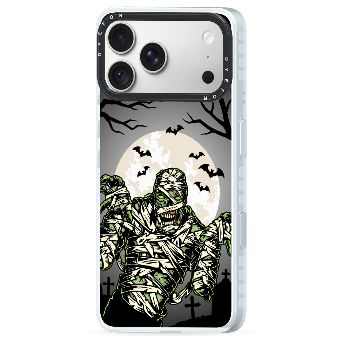 Halloween Mummy iPhone 18 Pro Max Black Impact Pre order Case Side Angle on Silver phone