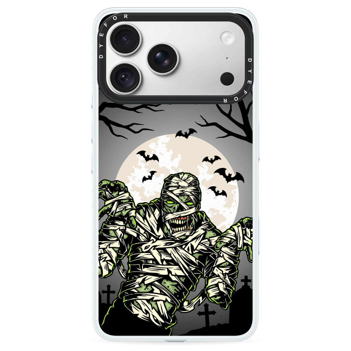 Halloween Mummy iPhone 18 Pro Max Black Impact Pre order Case on Silver phone