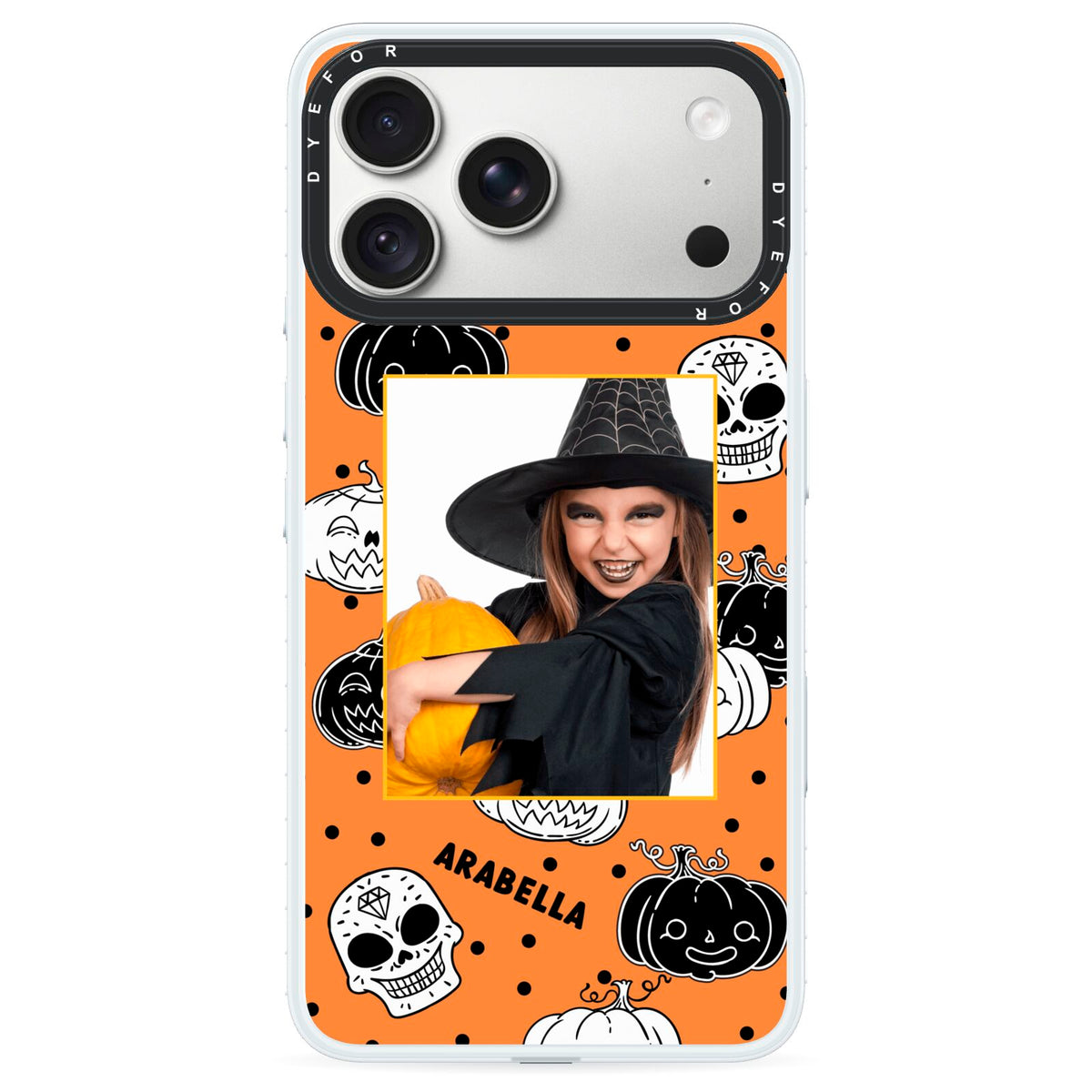 Halloween Pumpkins Photo Upload iPhone 18 Pro Black Impact Pre order Case on Silver phone