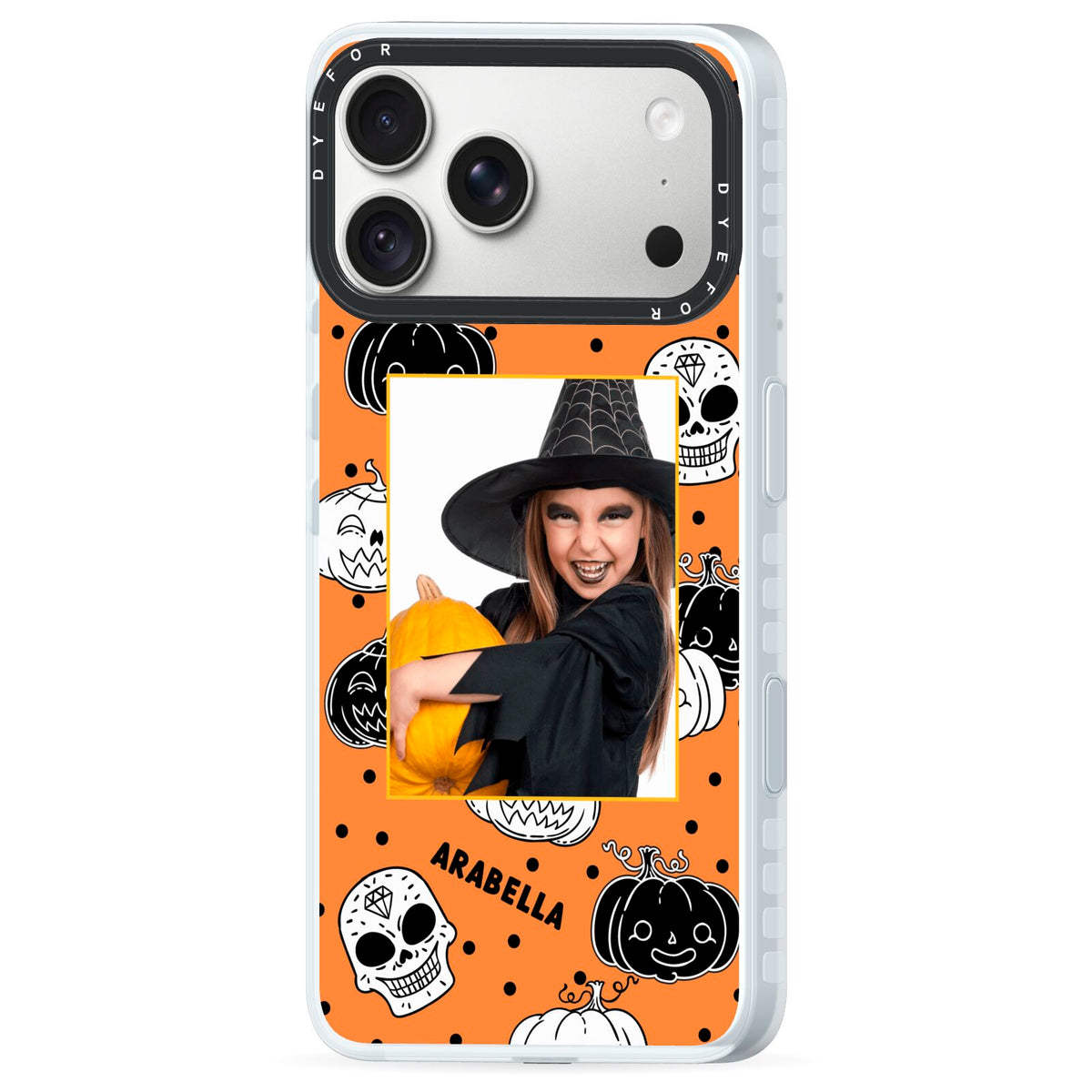 Halloween Pumpkins Photo Upload iPhone 18 Pro Max Black Impact Pre order Case Side Angle on Silver phone