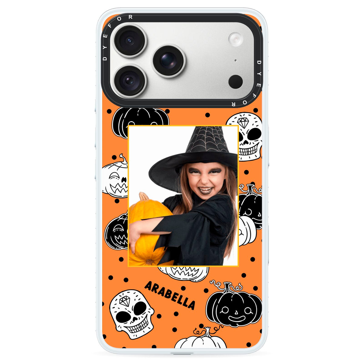 Halloween Pumpkins Photo Upload iPhone 18 Pro Max Black Impact Pre order Case on Silver phone
