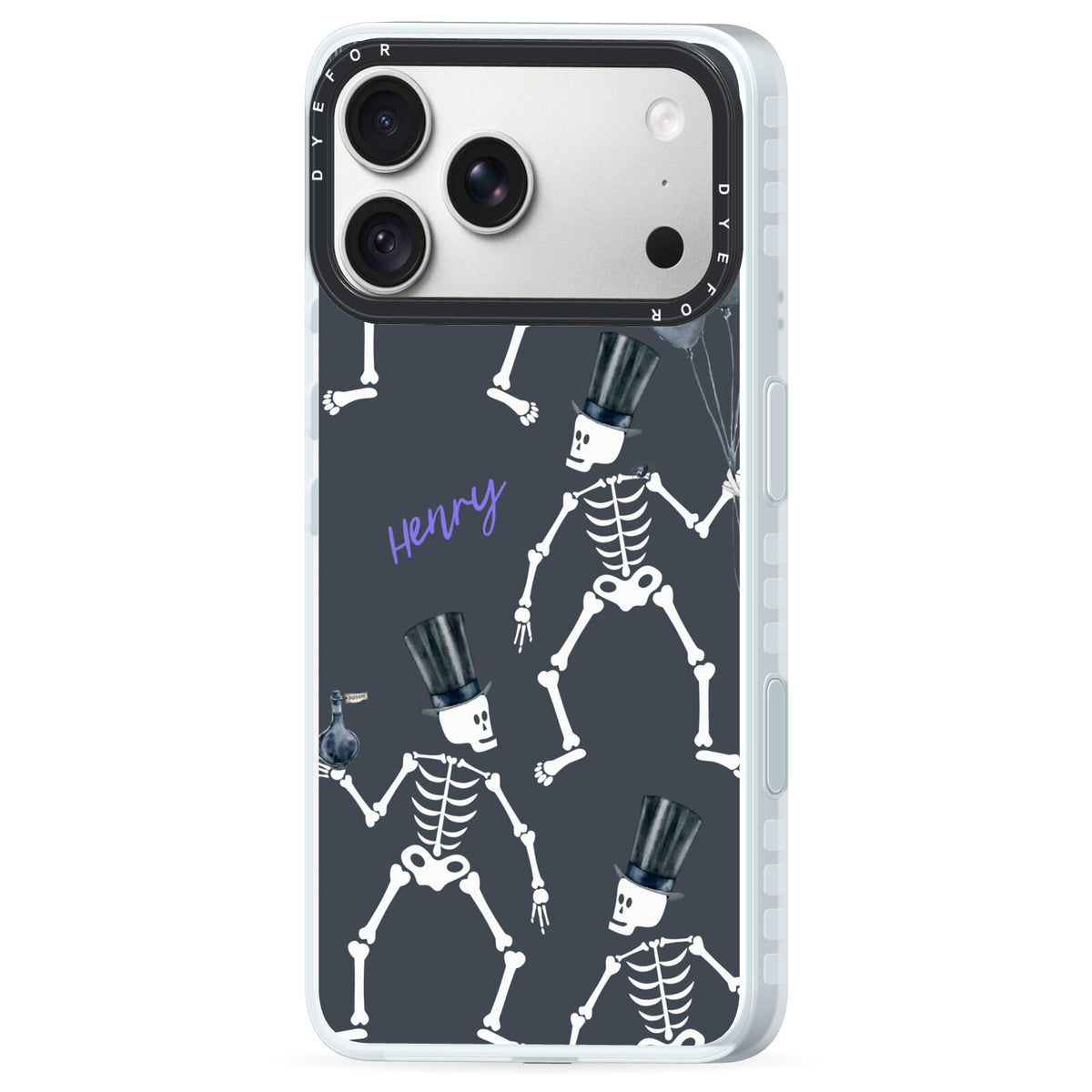 Halloween Skeleton iPhone 18 Pro Black Impact Pre order Case Side Angle on Silver phone