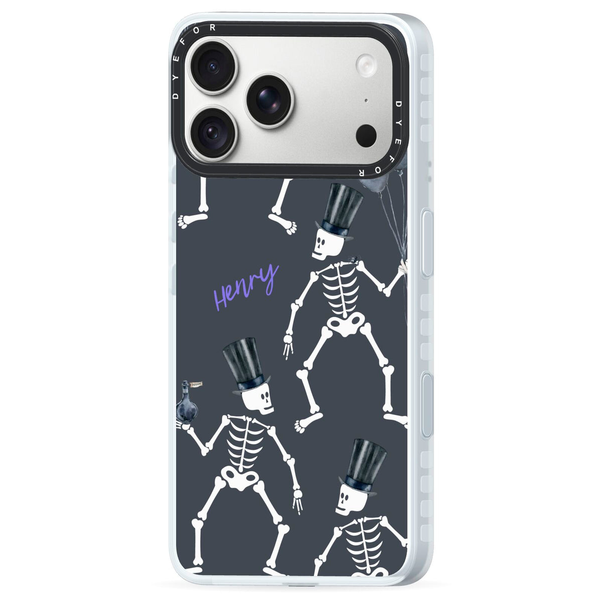 Halloween Skeleton iPhone 18 Pro Max Black Impact Pre order Case Side Angle on Silver phone