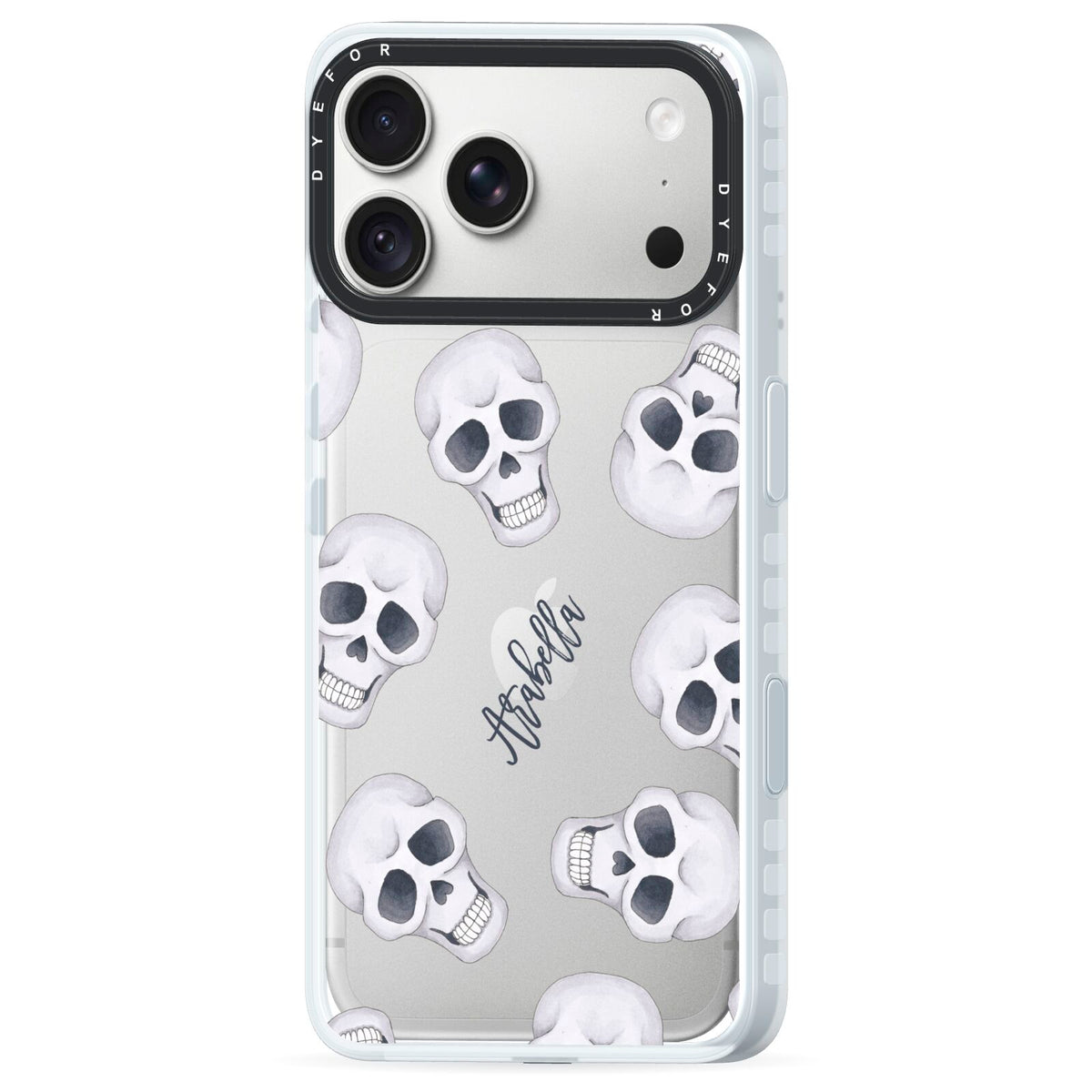 Halloween Skulls iPhone 18 Pro Black Impact Pre order Case Side Angle on Silver phone