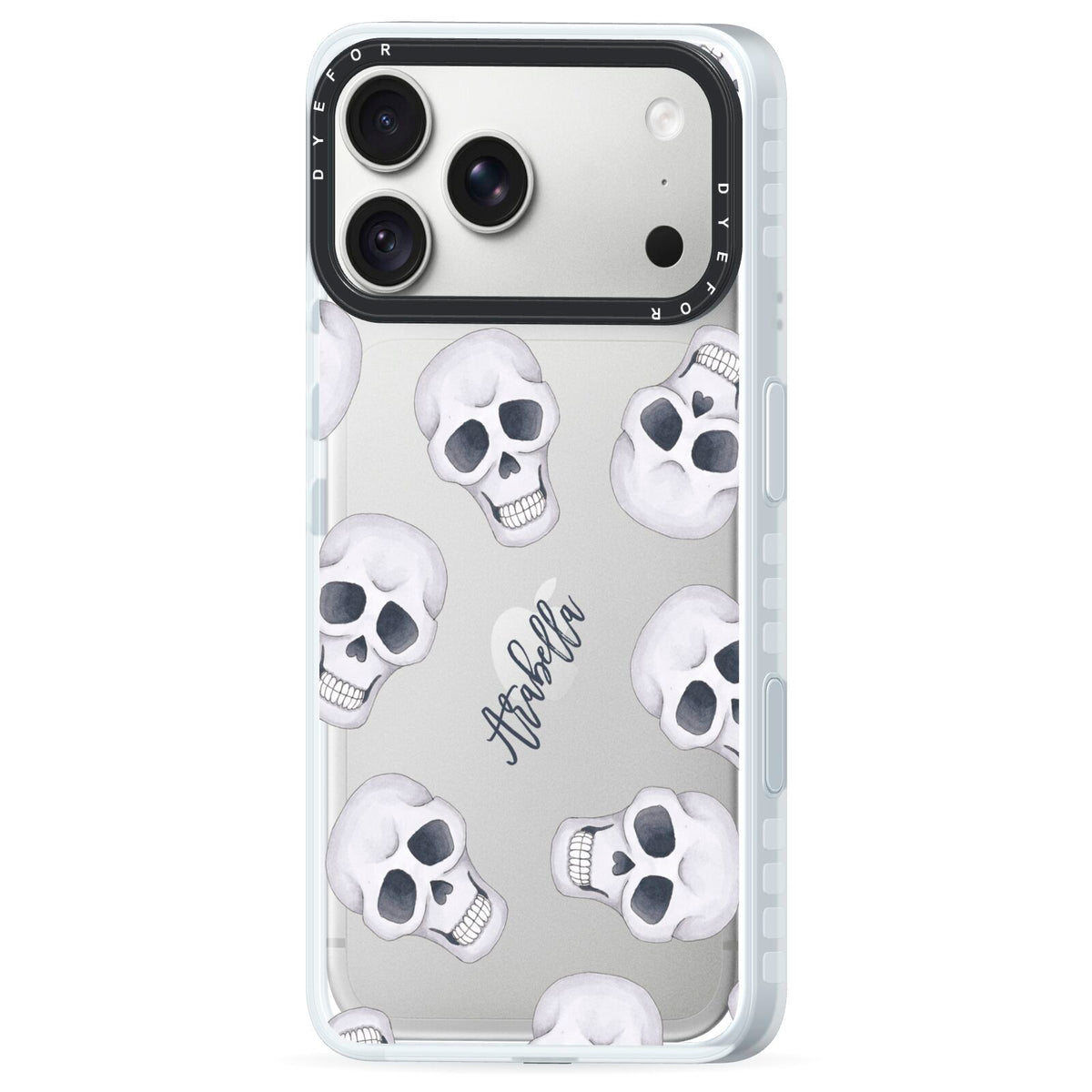 Halloween Skulls iPhone 18 Pro Max Black Impact Pre order Case Side Angle on Silver phone