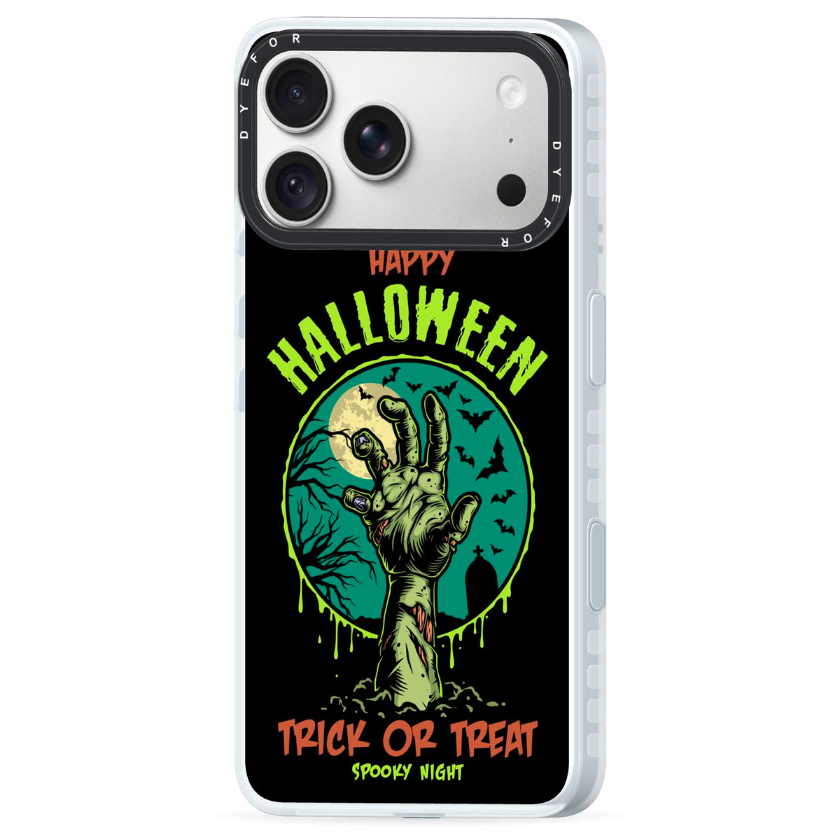 Halloween Zombie Hand iPhone 18 Pro Black Impact Pre order Case Side Angle on Silver phone