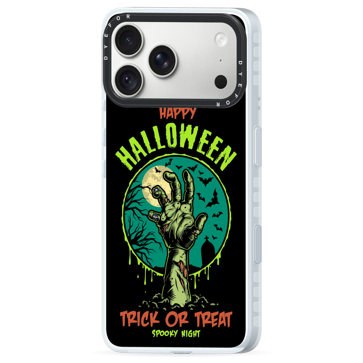 Halloween Zombie Hand iPhone 18 Pro Max Black Impact Pre order Case Side Angle on Silver phone