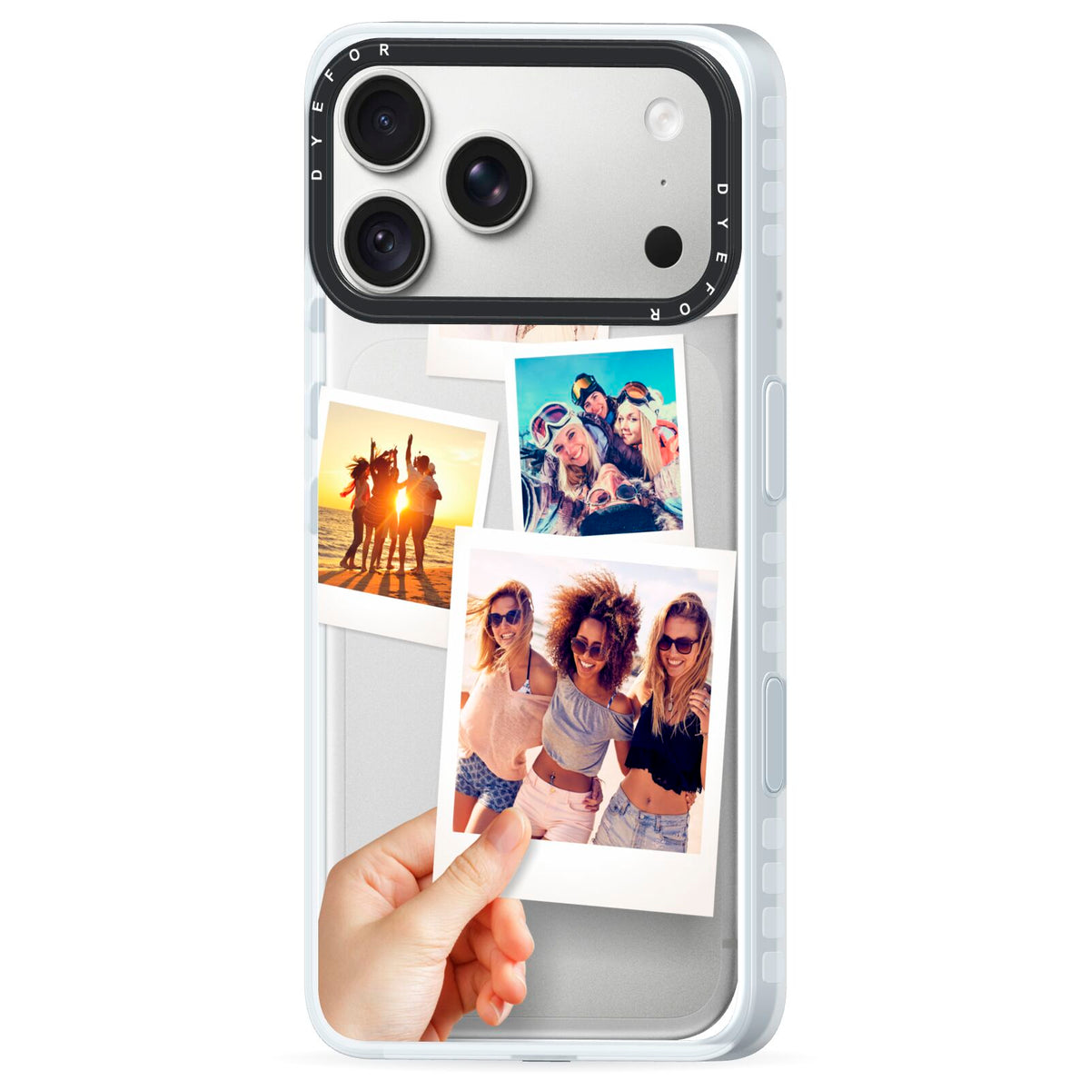 Hand Holding Photo Montage Upload iPhone 18 Pro Black Impact Pre order Case Side Angle on Silver phone