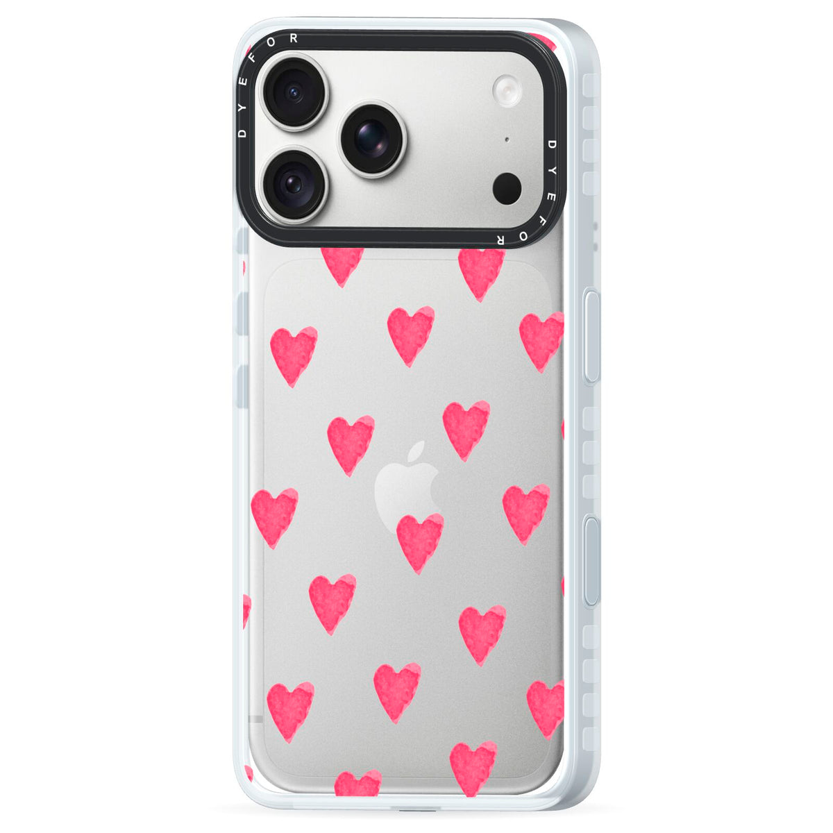 Heart Patterned iPhone 18 Pro Black Impact Pre order Case Side Angle on Silver phone