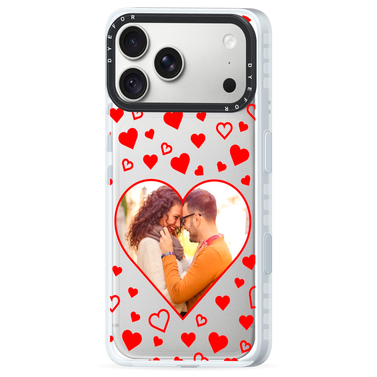 Hearts with Photo iPhone 18 Pro Black Impact Pre order Case Side Angle on Silver phone