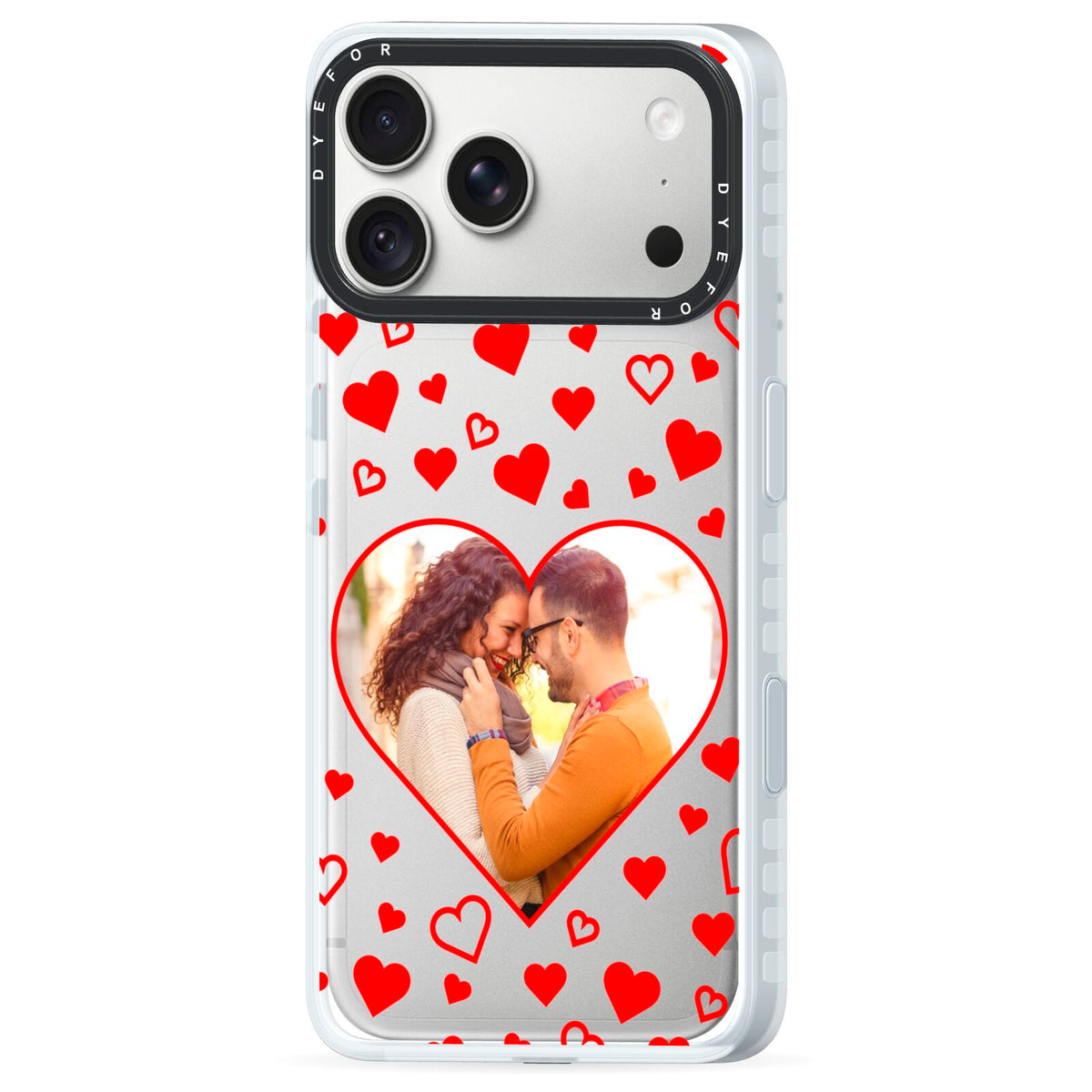 Hearts with Photo iPhone 18 Pro Max Black Impact Pre order Case Side Angle on Silver phone