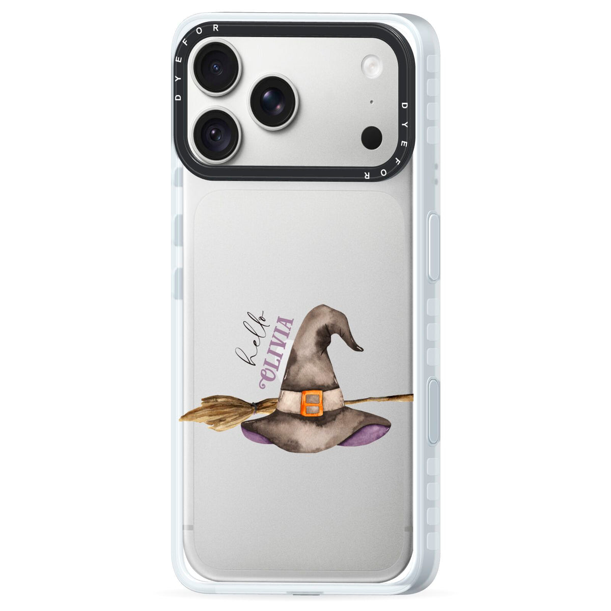 Hello Witch Hat Personalised iPhone 18 Pro Max Black Impact Pre order Case Side Angle on Silver phone