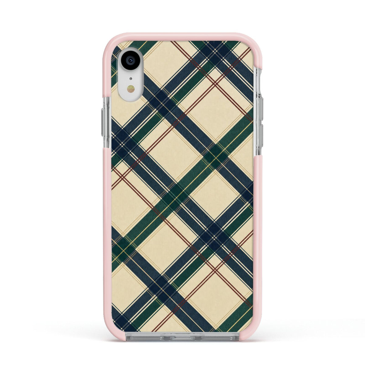 Heritage Club Plaid Apple iPhone XR Impact Case Pink Edge on Silver Phone