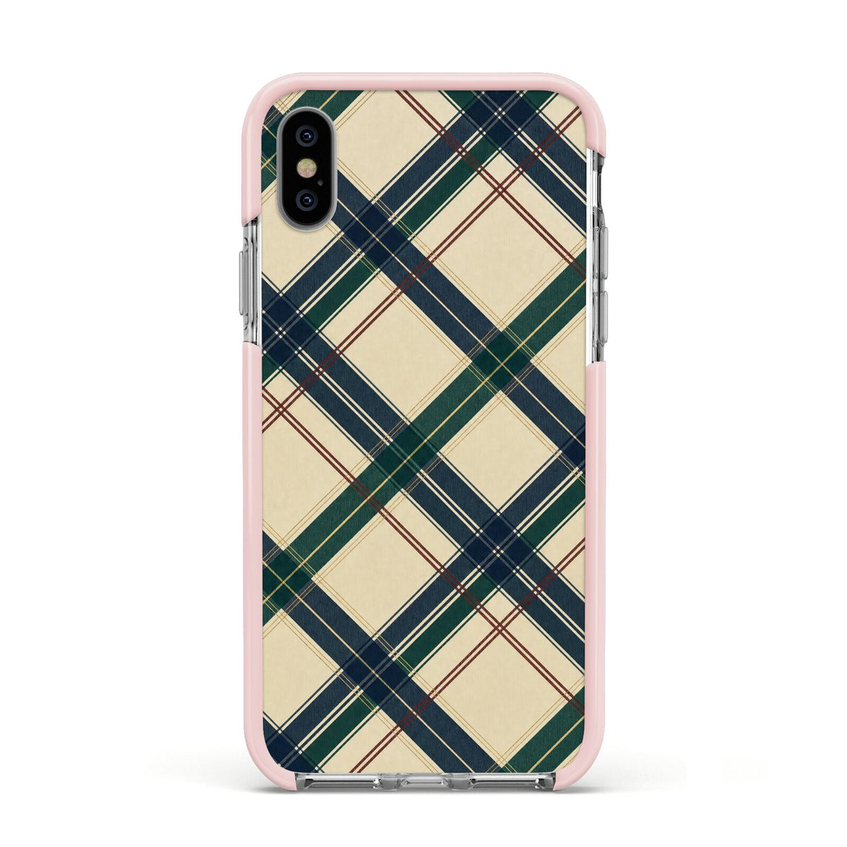 Heritage Club Plaid Apple iPhone Xs Impact Case Pink Edge on Silver Phone