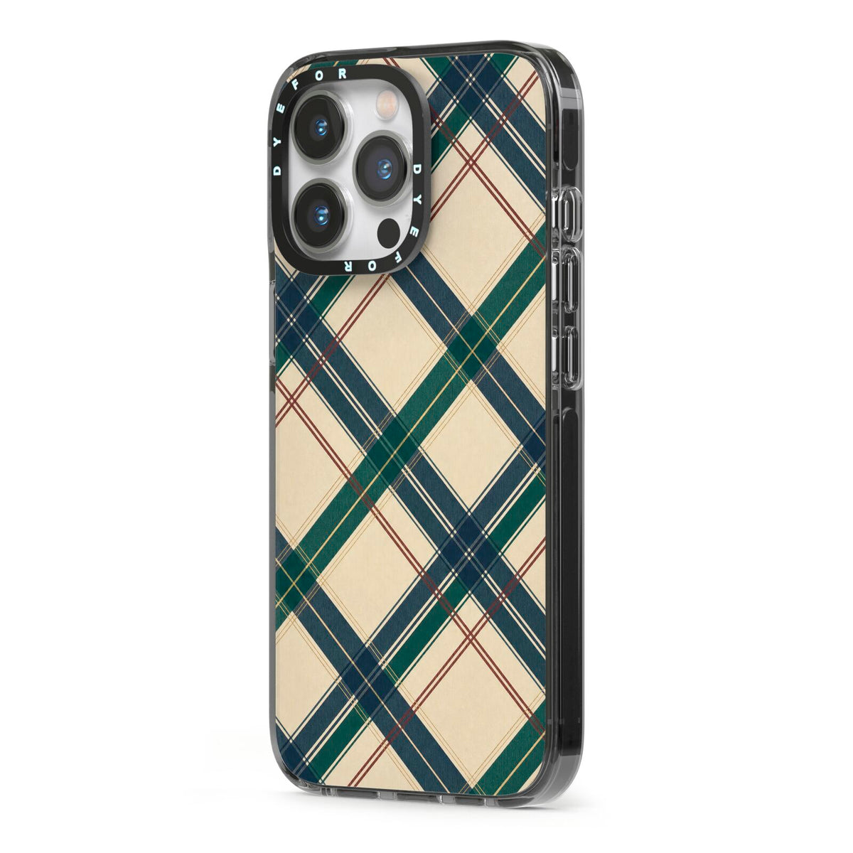 Heritage Club Plaid iPhone 13 Pro Black Impact Case Side Angle on Silver phone