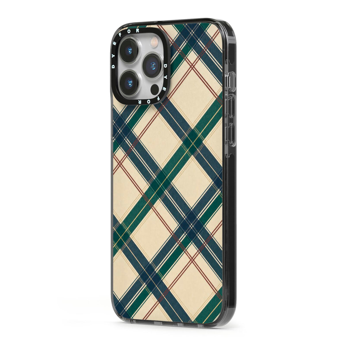 Heritage Club Plaid iPhone 13 Pro Max Black Impact Case Side Angle on Silver phone