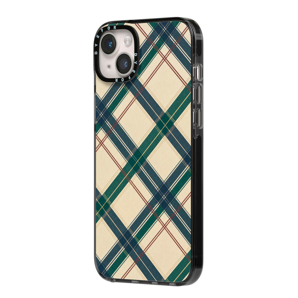 Heritage Club Plaid iPhone 14 Plus Black Impact Case Side Angle on Silver phone