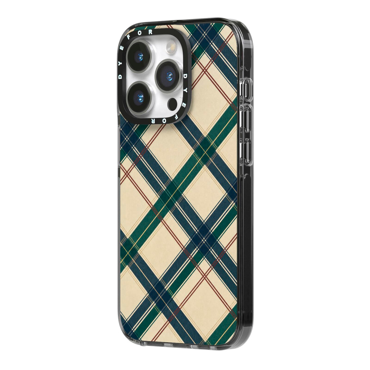 Heritage Club Plaid iPhone 14 Pro Black Impact Case Side Angle on Silver phone