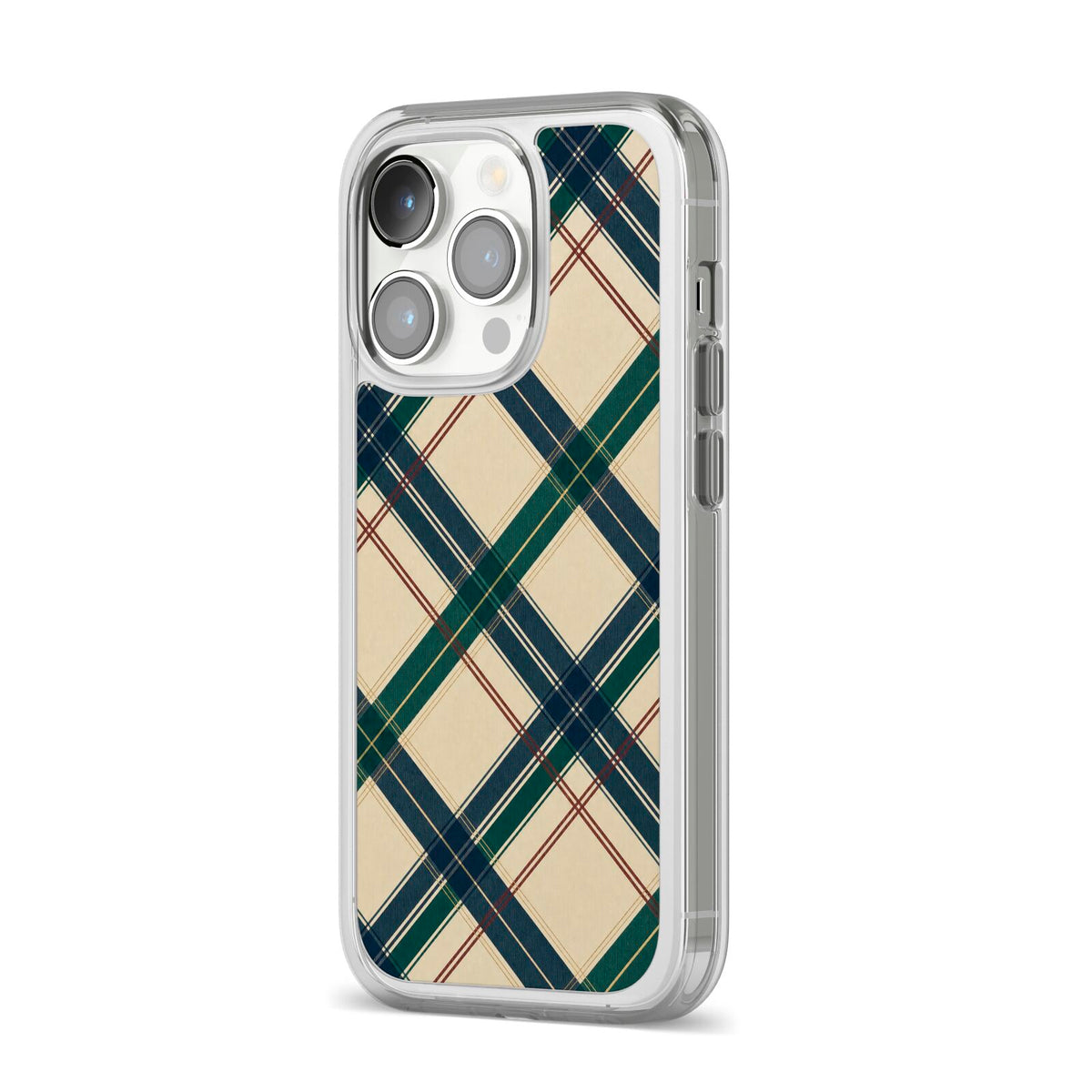 Heritage Club Plaid iPhone 14 Pro Clear Tough Case Silver Angled Image