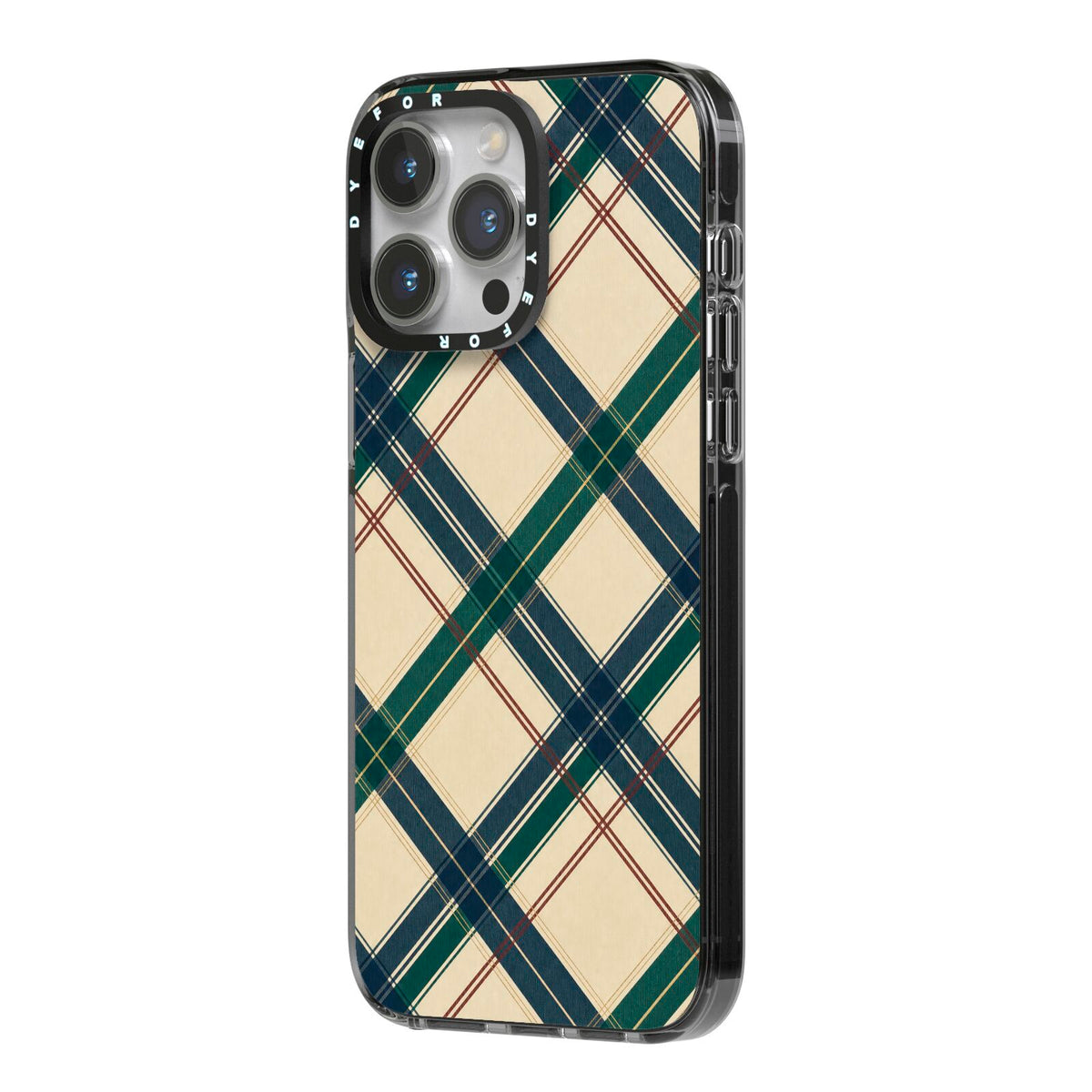 Heritage Club Plaid iPhone 14 Pro Max Black Impact Case Side Angle on Silver phone