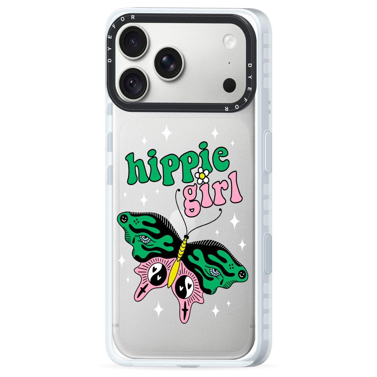 Hippie Girl iPhone 18 Pro Black Impact Pre order Case Side Angle on Silver phone