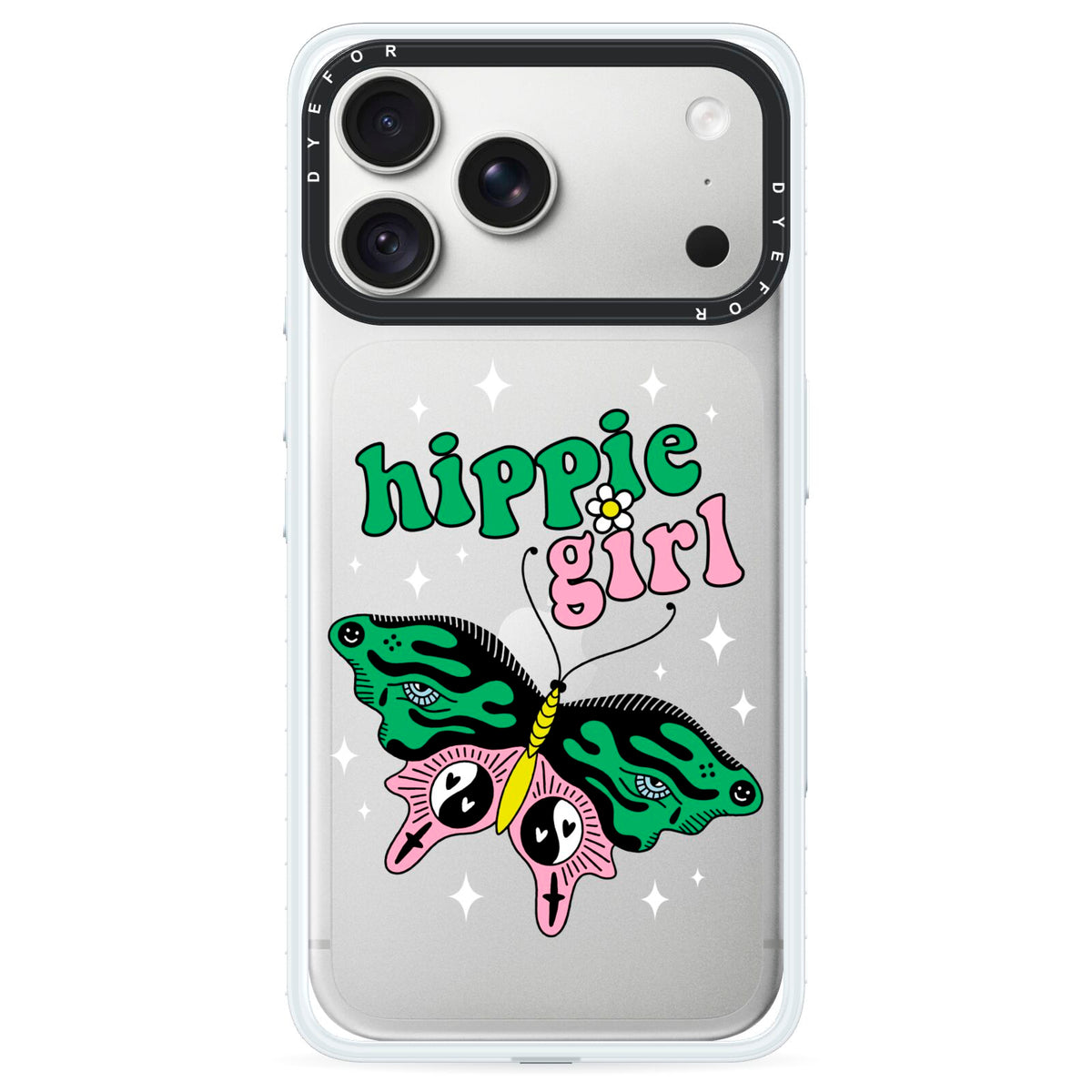 Hippie Girl iPhone 18 Pro Black Impact Pre order Case on Silver phone