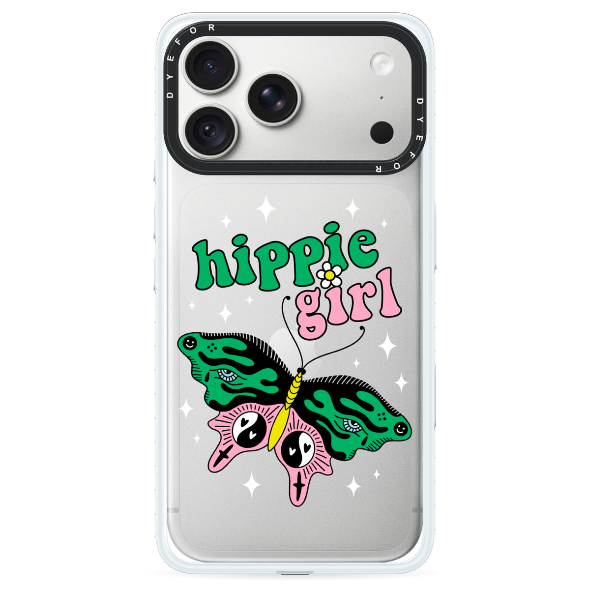 Hippie Girl iPhone 18 Pro Max Black Impact Pre order Case on Silver phone