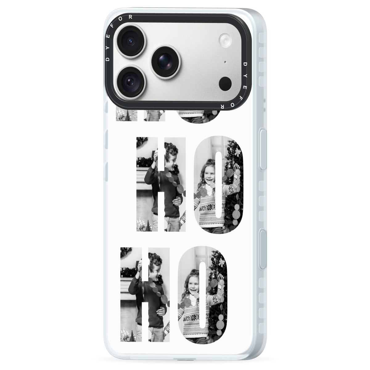 Ho Ho Ho Photo Upload Christmas iPhone 18 Pro Black Impact Pre order Case Side Angle on Silver phone