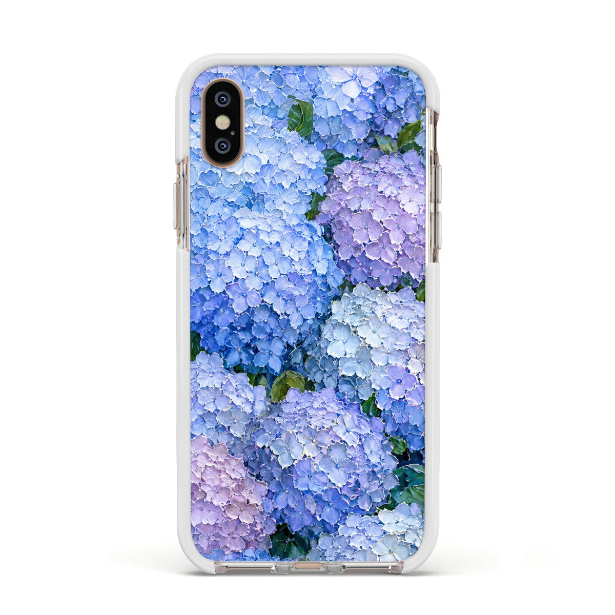 Hydrangea Atelier Apple iPhone Xs Impact Case White Edge on Gold Phone