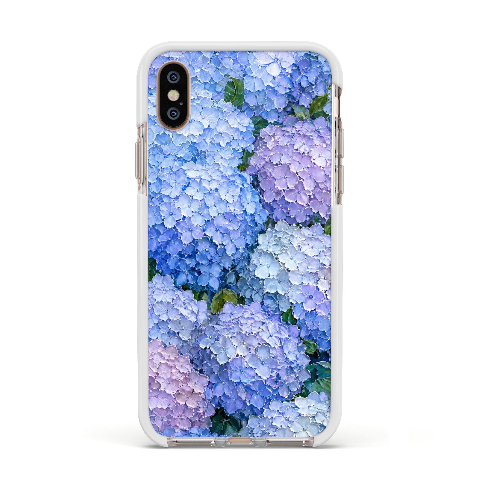Hydrangea Atelier Apple iPhone Xs Impact Case White Edge on Gold Phone