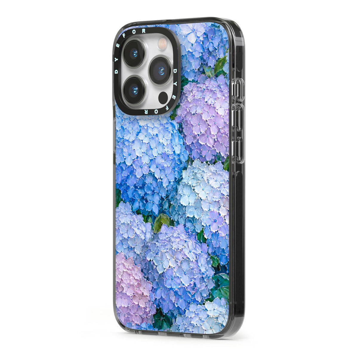 Hydrangea Atelier iPhone 13 Pro Black Impact Case Side Angle on Silver phone