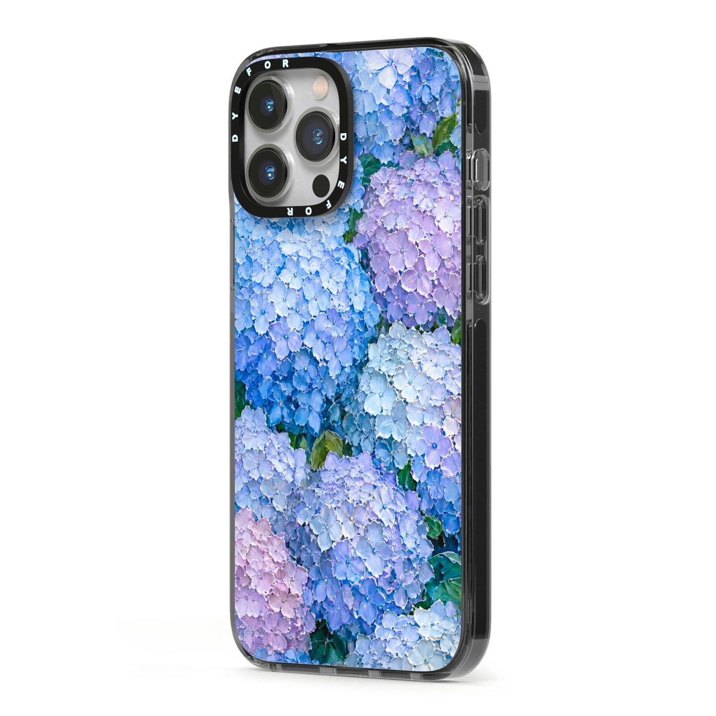 Hydrangea Atelier iPhone 13 Pro Max Black Impact Case Side Angle on Silver phone