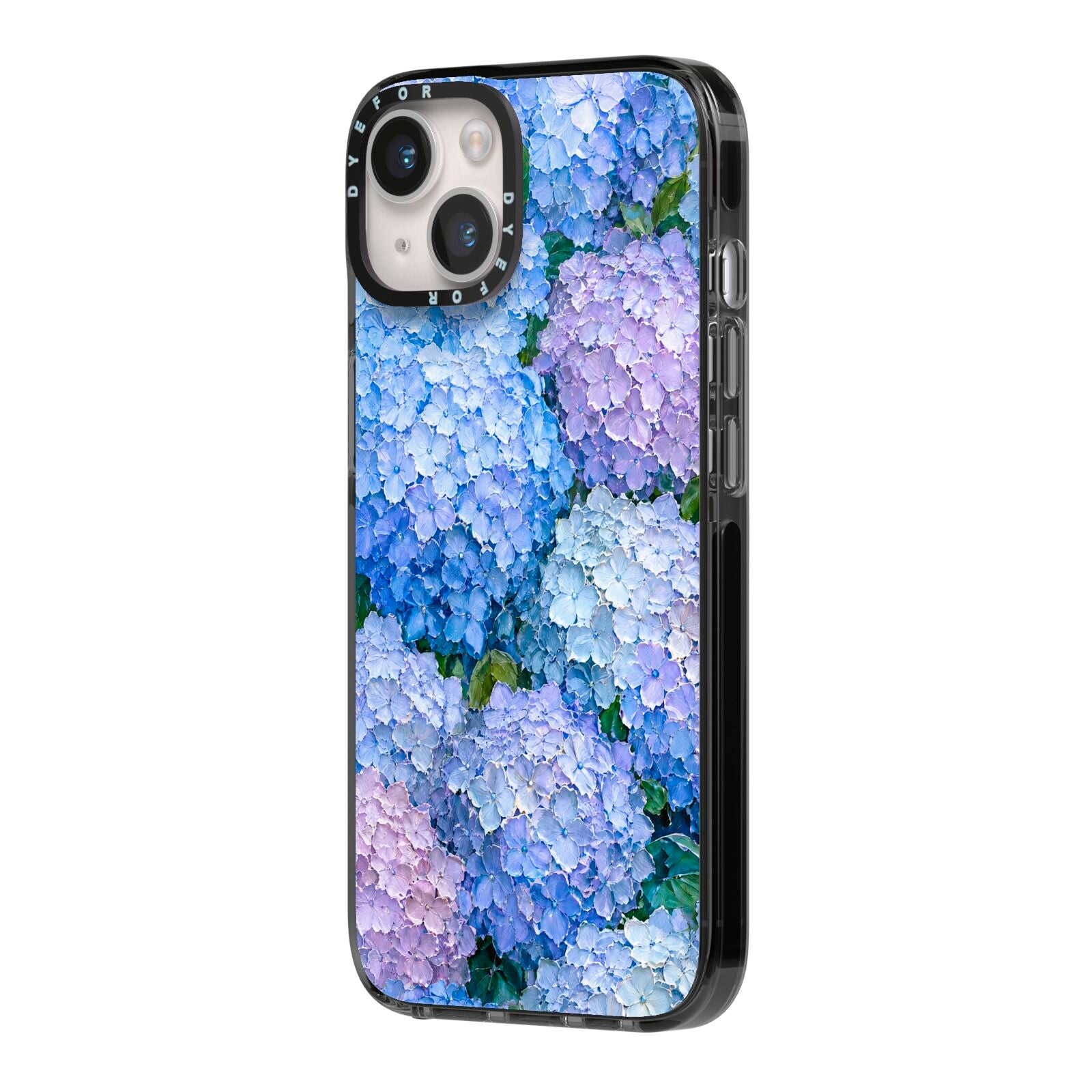 Hydrangea Atelier iPhone 14 Black Impact Case Side Angle on Silver phone