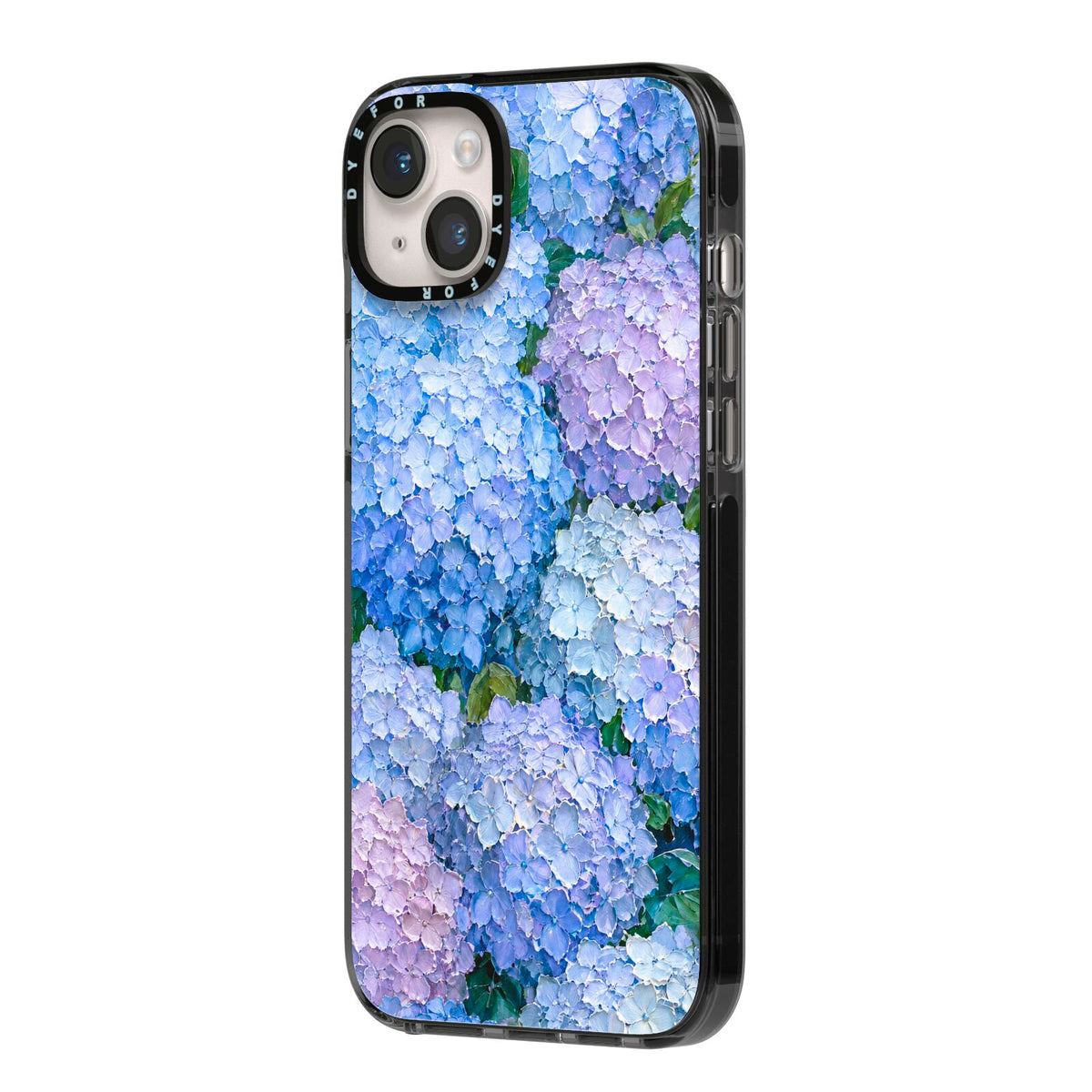 Hydrangea Atelier iPhone 14 Plus Black Impact Case Side Angle on Silver phone