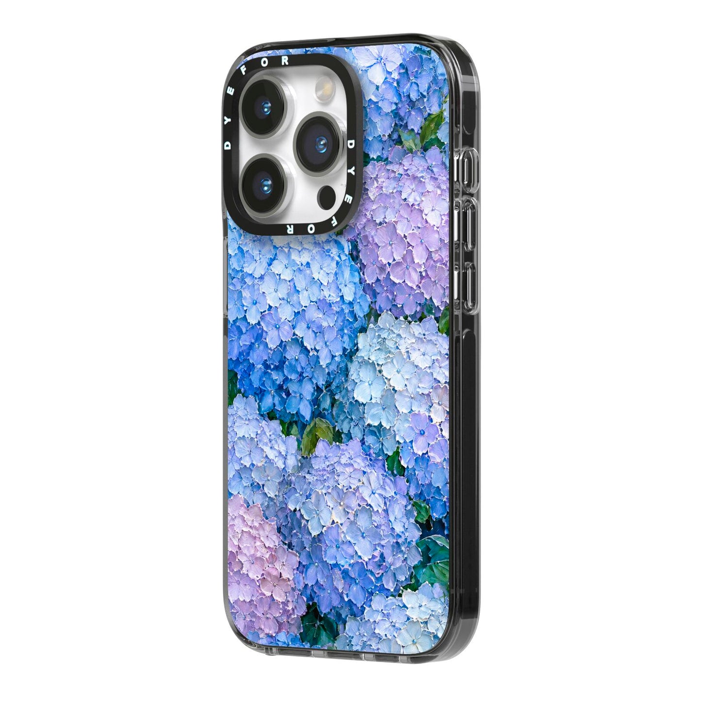 Hydrangea Atelier iPhone 14 Pro Black Impact Case Side Angle on Silver phone