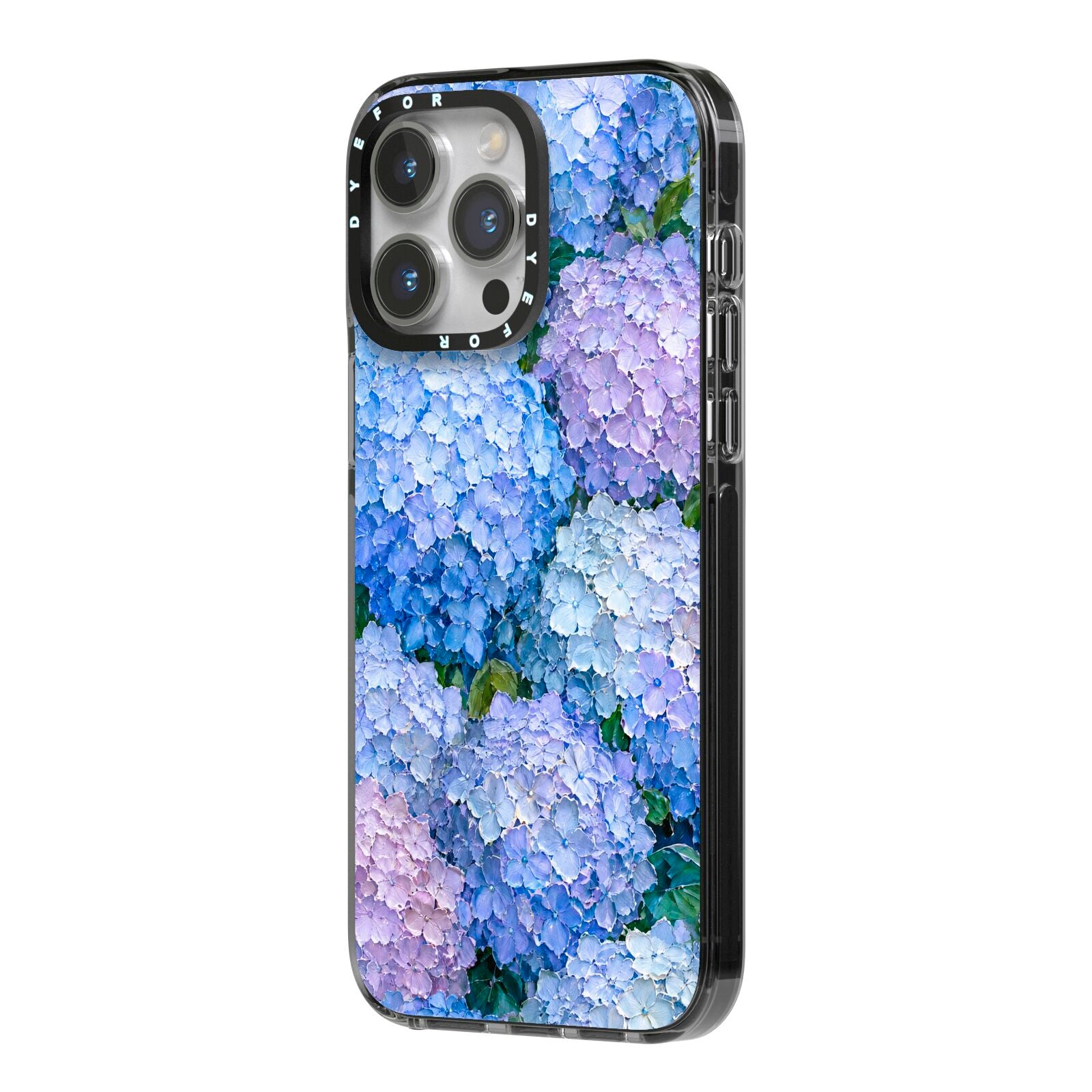 Hydrangea Atelier iPhone 14 Pro Max Black Impact Case Side Angle on Silver phone