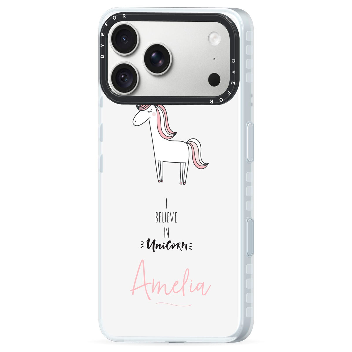 I Believe in Unicorn iPhone 18 Pro Black Impact Pre order Case Side Angle on Silver phone