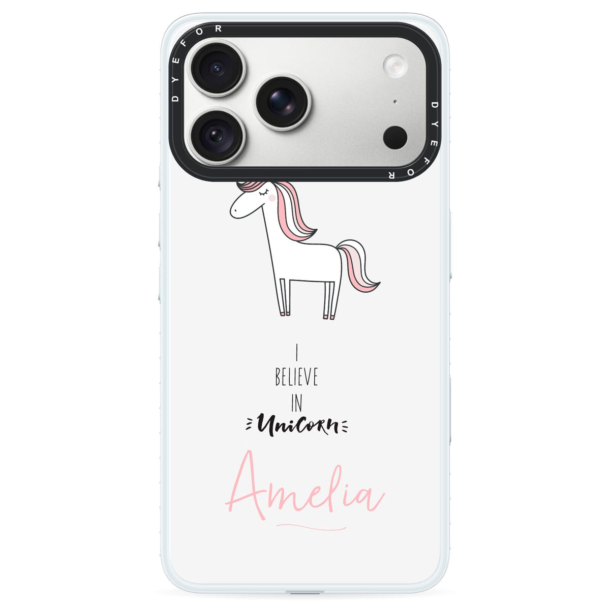 I Believe in Unicorn iPhone 18 Pro Black Impact Pre order Case on Silver phone