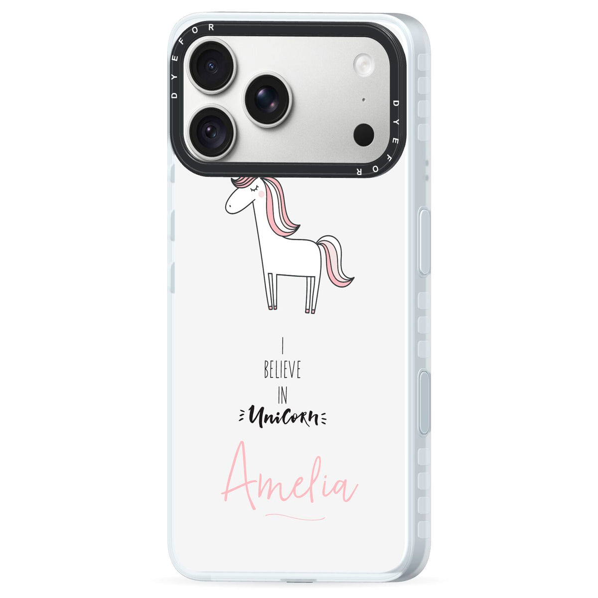 I Believe in Unicorn iPhone 18 Pro Max Black Impact Pre order Case Side Angle on Silver phone