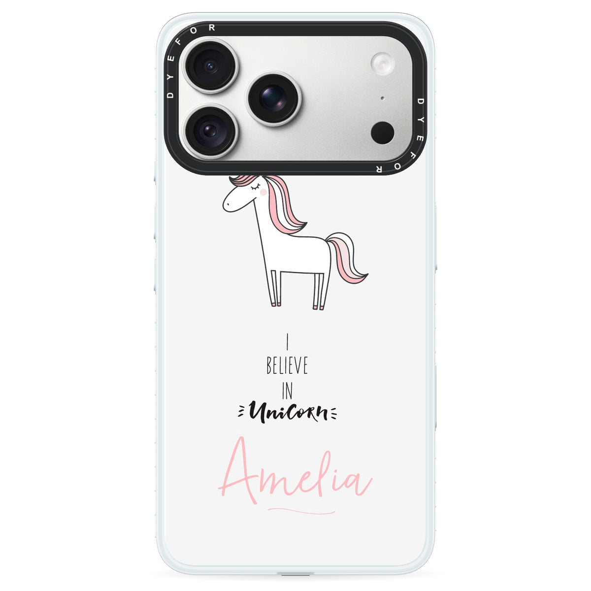 I Believe in Unicorn iPhone 18 Pro Max Black Impact Pre order Case on Silver phone