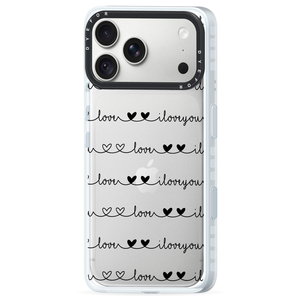 I Love You Repeat iPhone 18 Pro Black Impact Pre order Case Side Angle on Silver phone