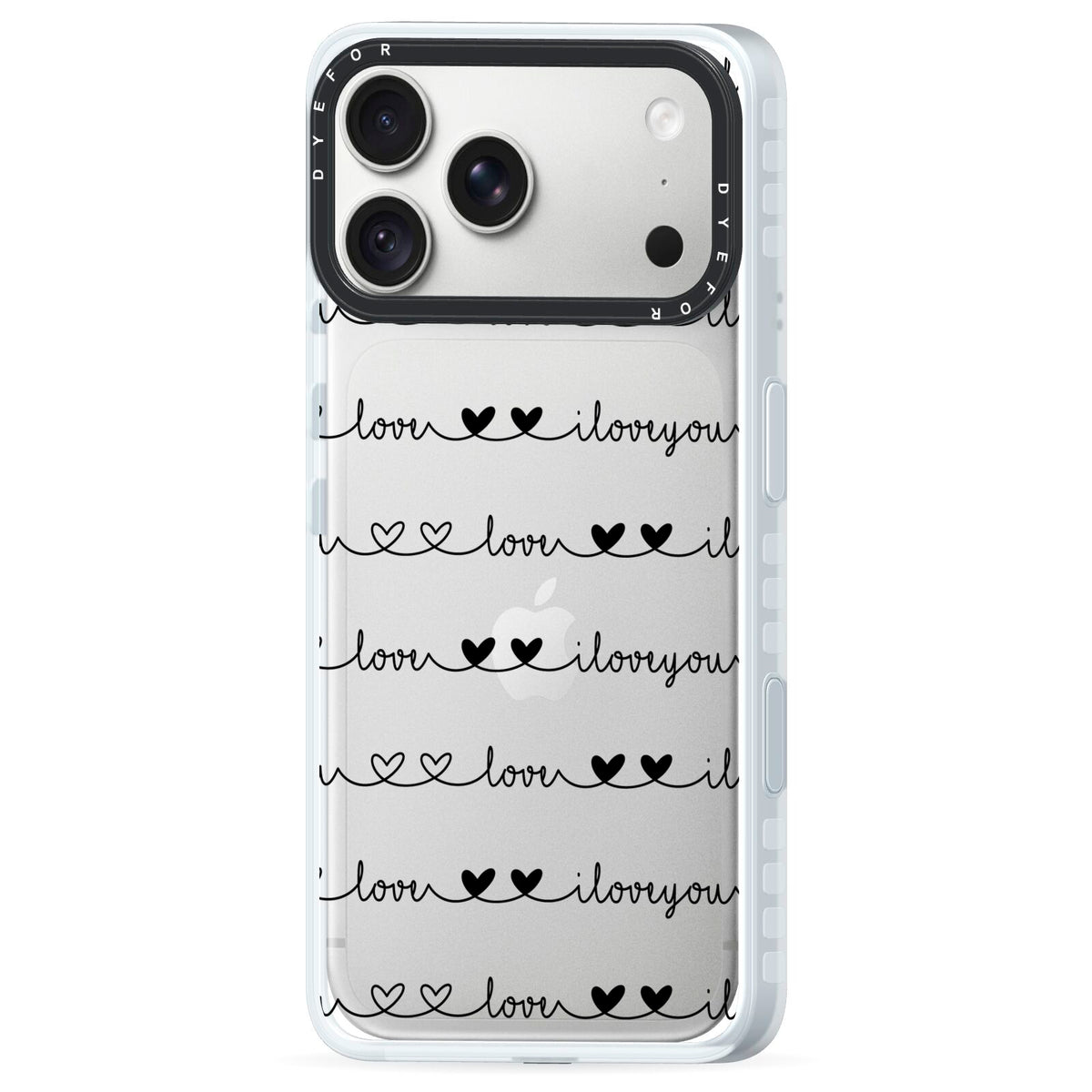 I Love You Repeat iPhone 18 Pro Max Black Impact Pre order Case Side Angle on Silver phone