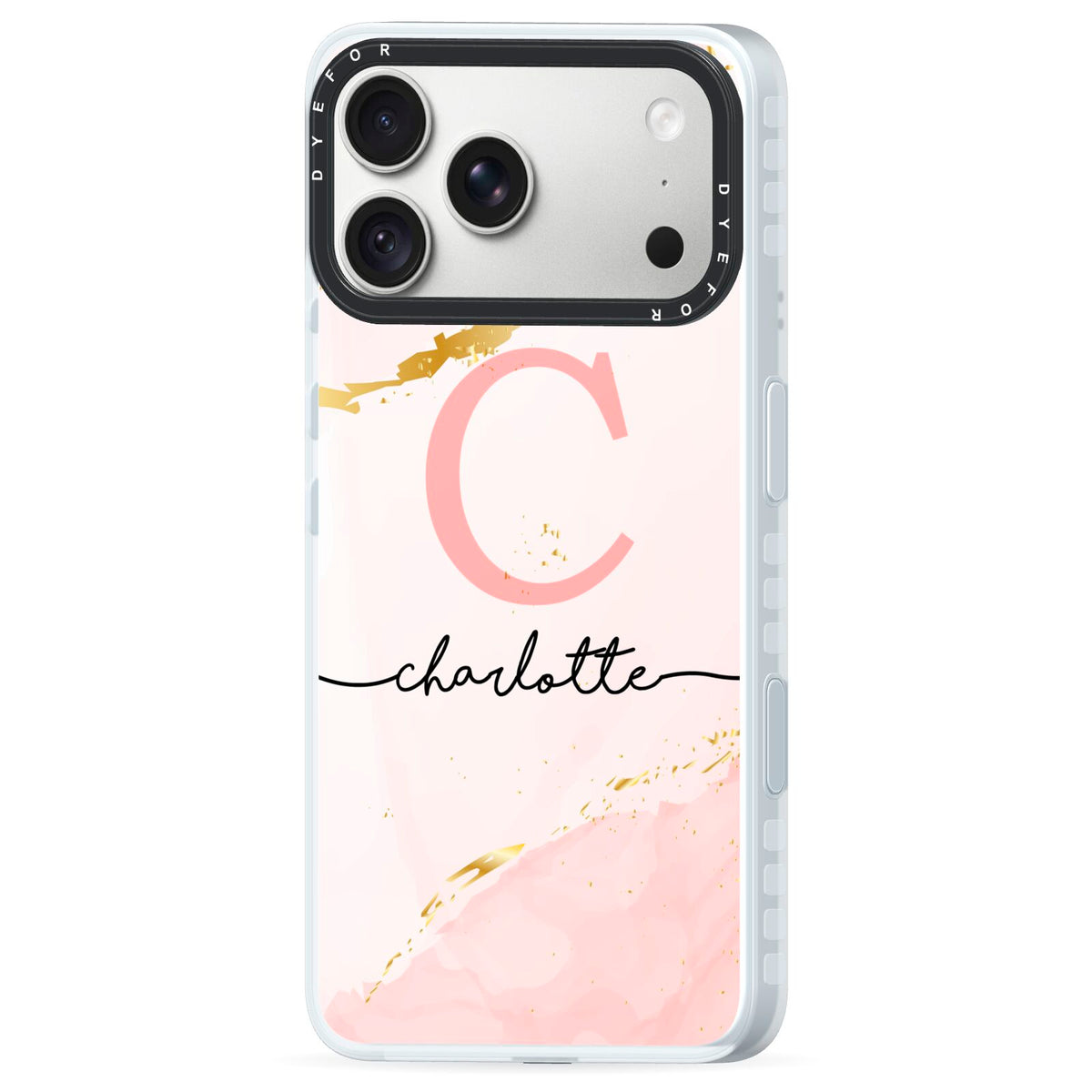 Initial Pink Gold Watercolour Custom Marble iPhone 18 Pro Black Impact Pre order Case Side Angle on Silver phone