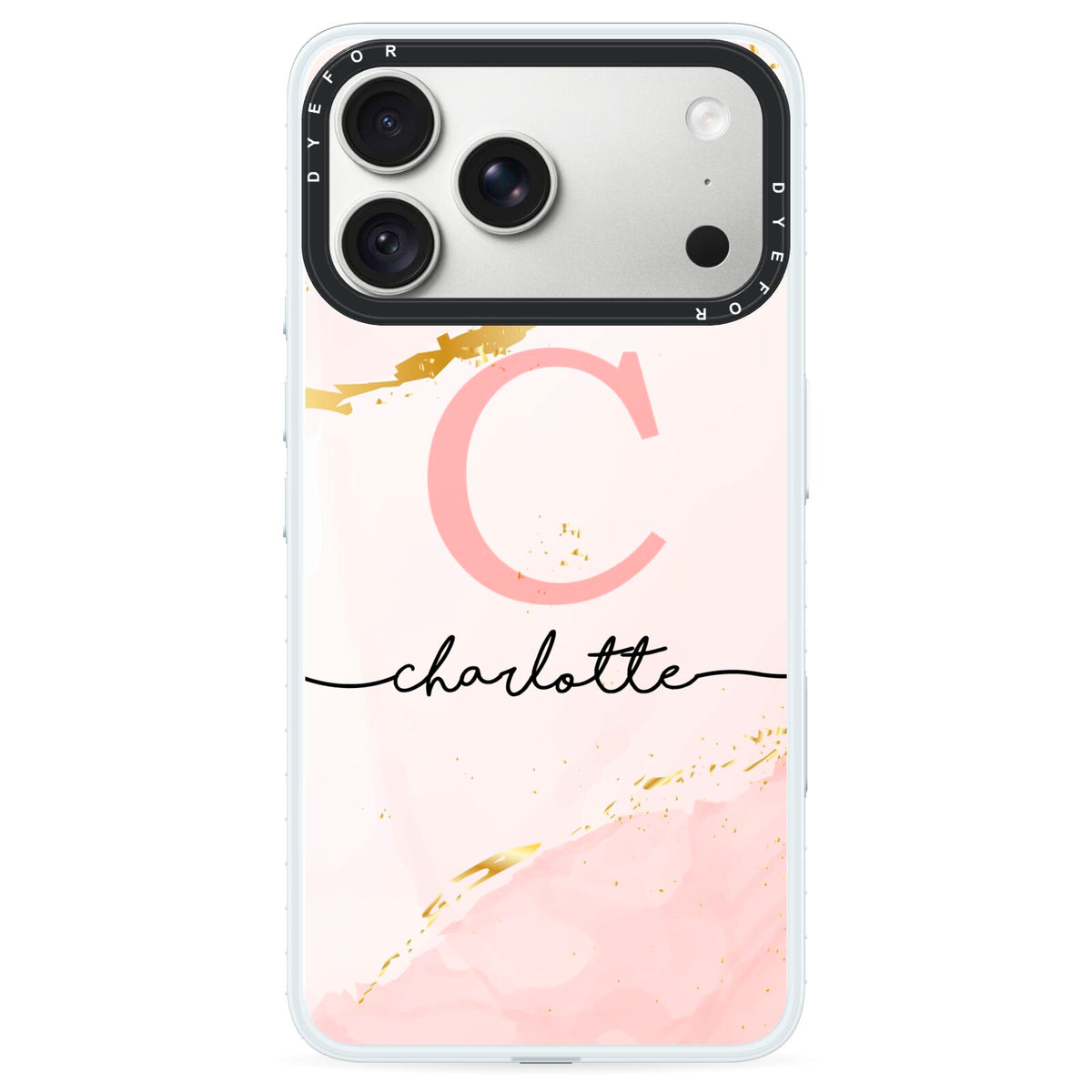 Initial Pink Gold Watercolour Custom Marble iPhone 18 Pro Black Impact Pre order Case on Silver phone