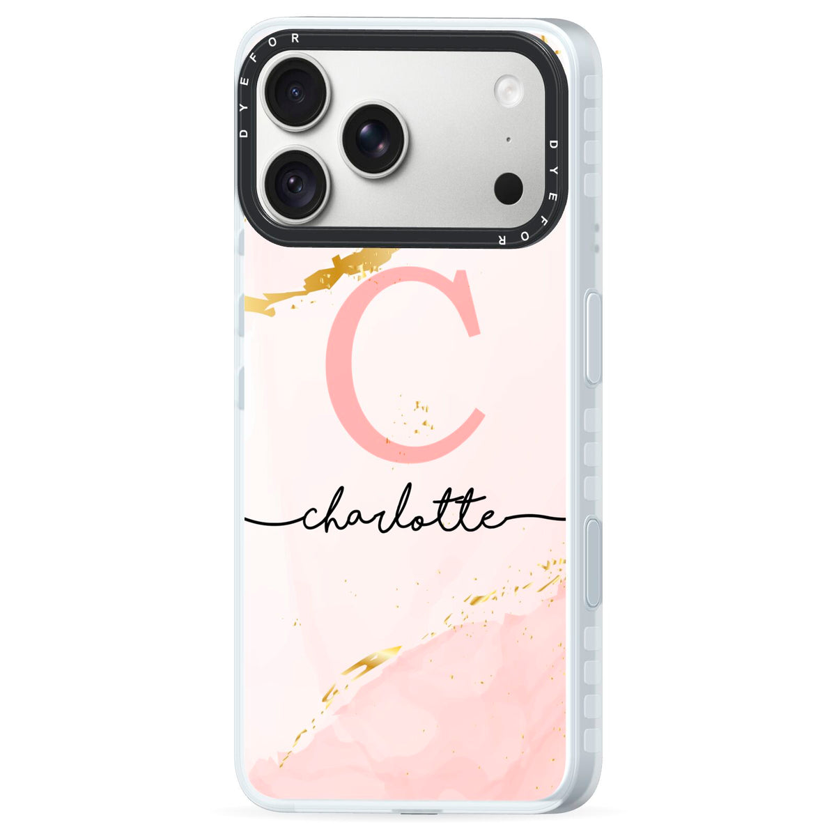 Initial Pink Gold Watercolour Custom Marble iPhone 18 Pro Max Black Impact Pre order Case Side Angle on Silver phone