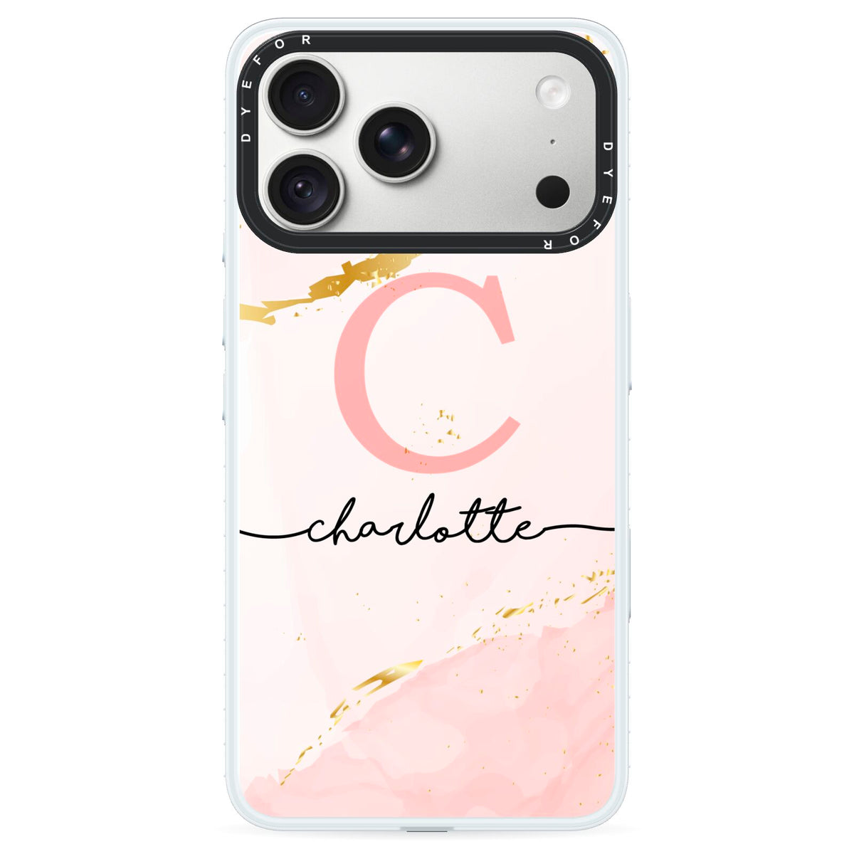 Initial Pink Gold Watercolour Custom Marble iPhone 18 Pro Max Black Impact Pre order Case on Silver phone