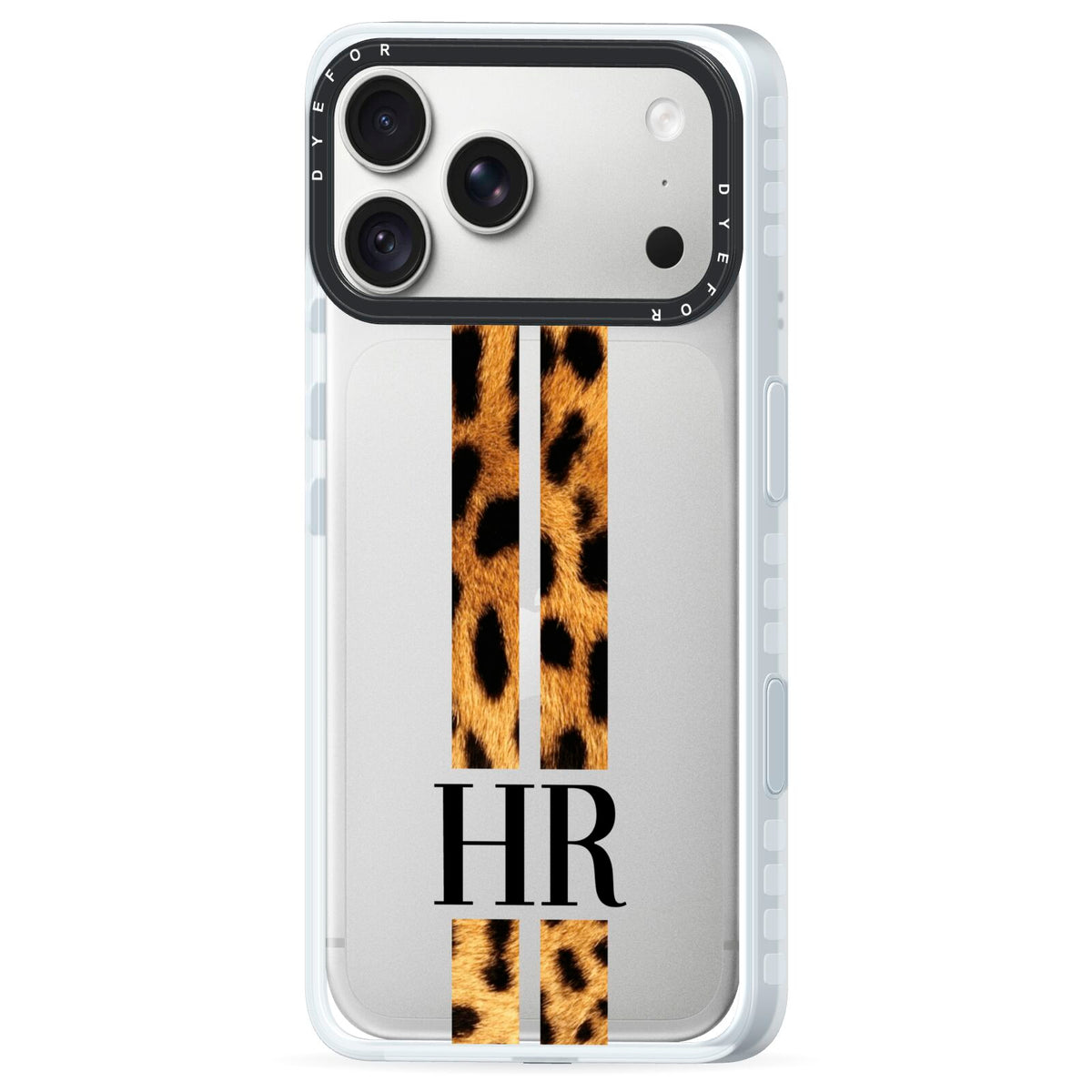 Initialled Leopard Print Stripes iPhone 18 Pro Black Impact Pre order Case Side Angle on Silver phone