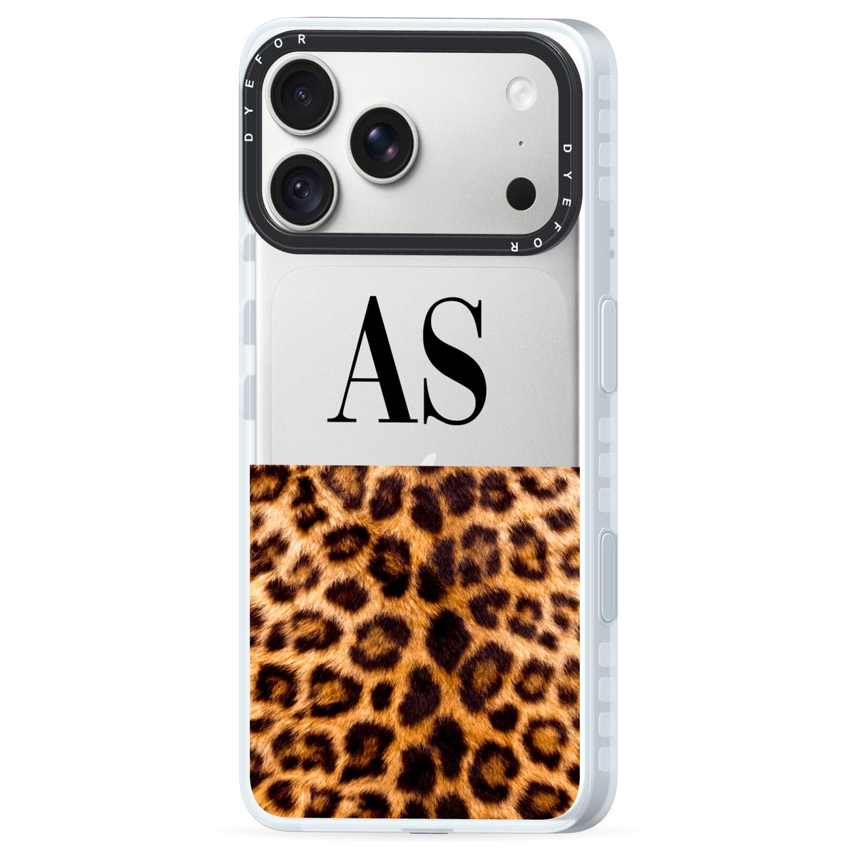 Initialled Leopard Print iPhone 18 Pro Black Impact Pre order Case Side Angle on Silver phone