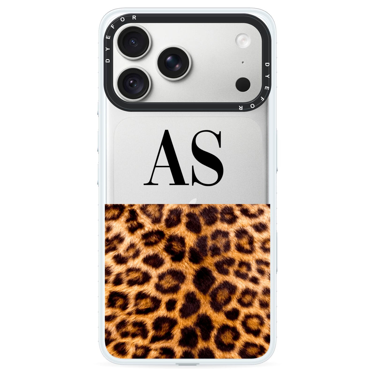 Initialled Leopard Print iPhone 18 Pro Black Impact Pre order Case on Silver phone